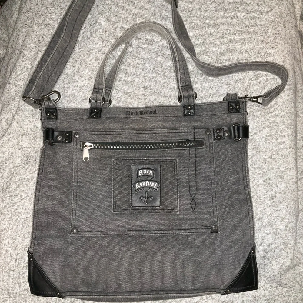 Rock Revival Grey Denim Canvas Messenger Tote Bag Crossbody 90’s Y2K Grunge